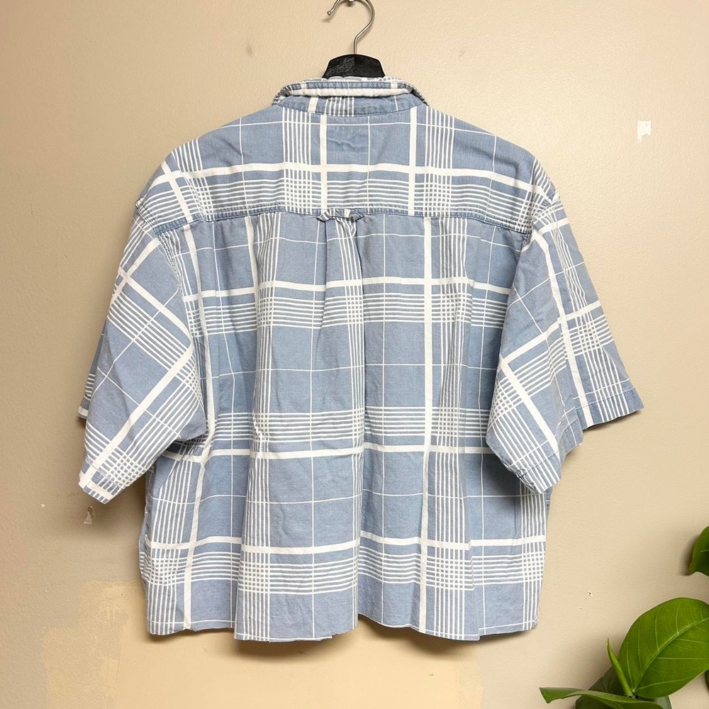 Vintage 90s American Hero Blue White Checkered Cropped Short Sleeve Shirt Mens L - Picture 3 of 7